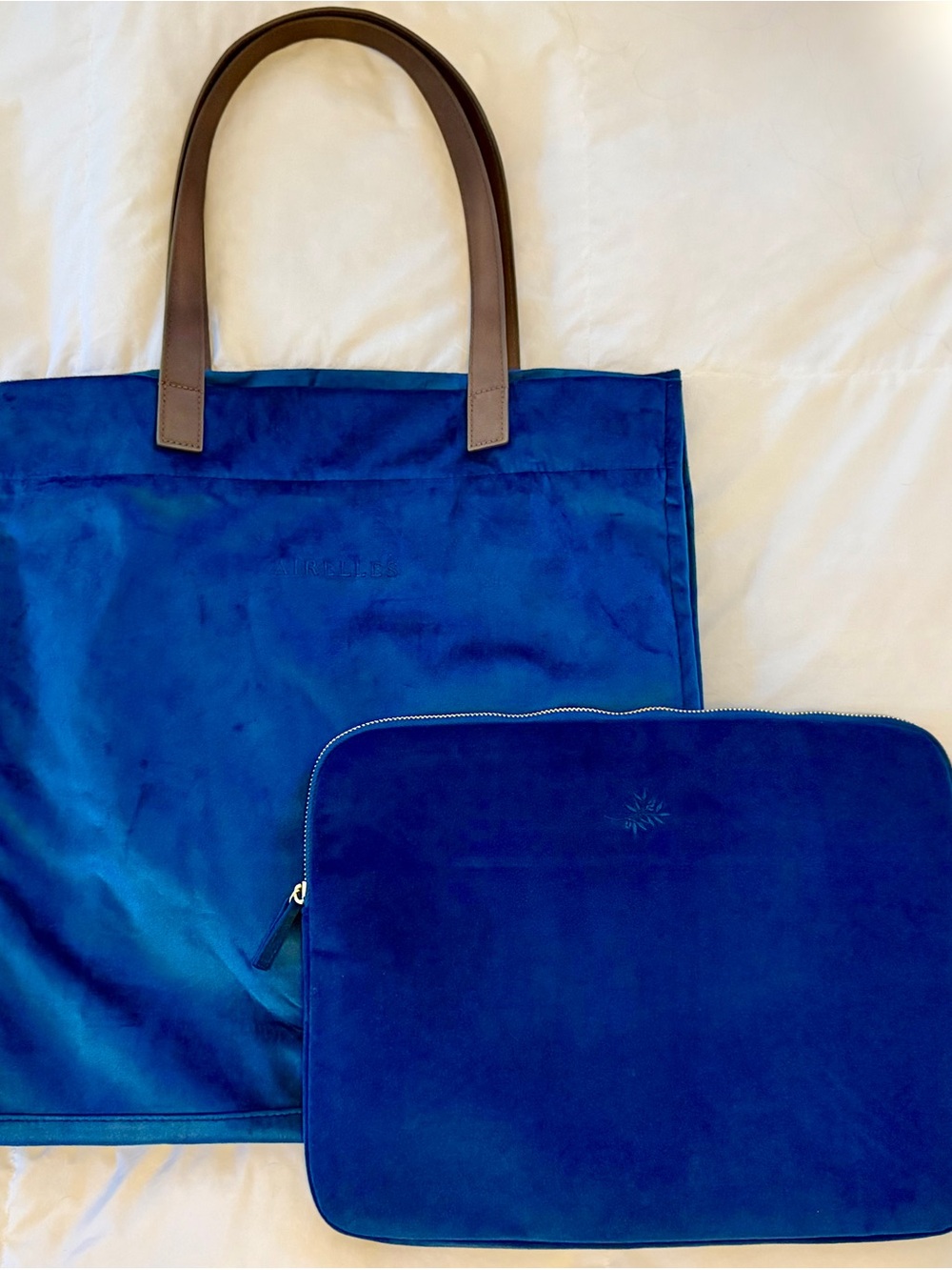 Airelles Blue Velvet Tote with Brown Leather Handle and Laptop Case (2026 / New)